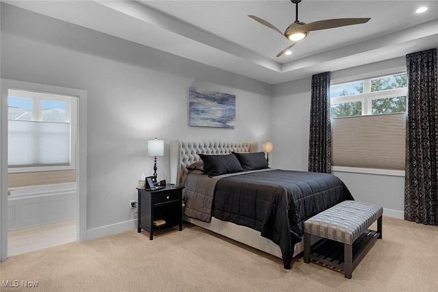 bedroom featuring recessed lighting, baseboards, and light colored carpet