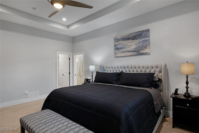 carpeted bedroom with recessed lighting, baseboards, and a ceiling fan