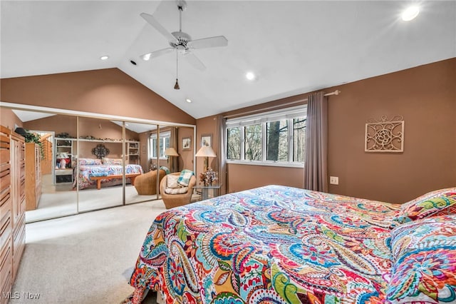 carpeted bedroom featuring recessed lighting, a ceiling fan, and vaulted ceiling