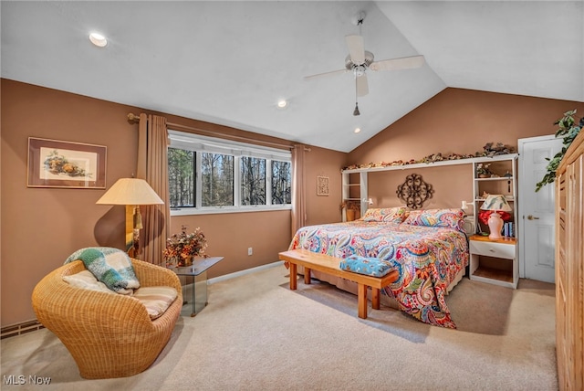 carpeted bedroom with vaulted ceiling, recessed lighting, baseboards, and ceiling fan