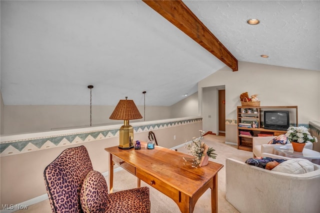 living area with light colored carpet, lofted ceiling with beams, and baseboards