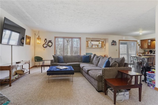 living area with baseboards, light colored carpet, and a textured ceiling