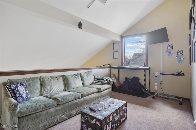 living area with carpet floors, baseboards, and vaulted ceiling