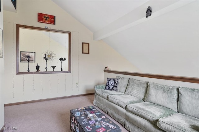 living area with lofted ceiling with beams, carpet, and baseboards