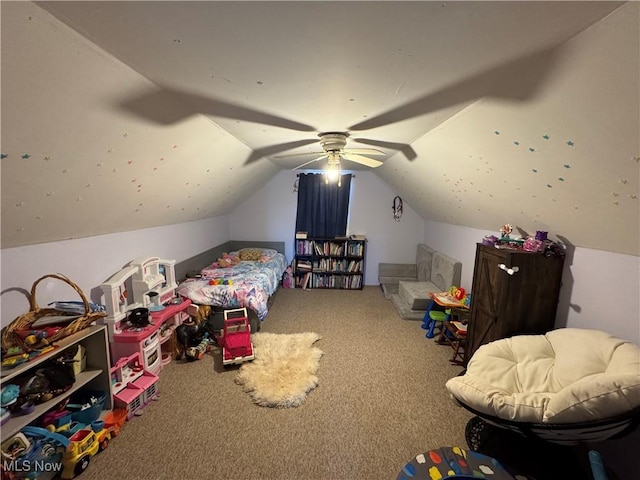 bedroom with lofted ceiling, carpet flooring, and a ceiling fan