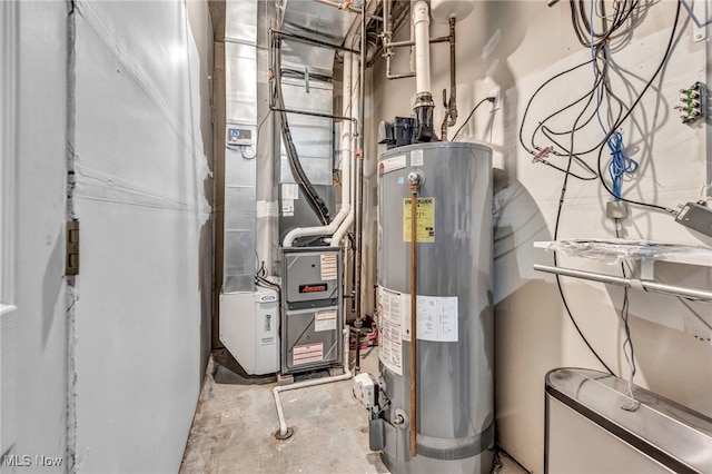 utility room with gas water heater and heating unit