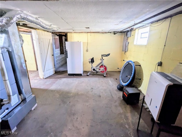 basement with freestanding refrigerator