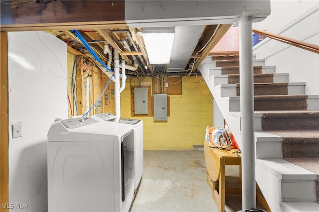 unfinished basement with stairs, electric panel, and washer and clothes dryer