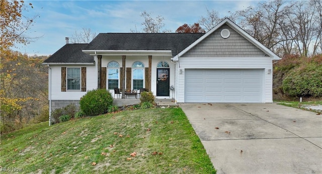 single story home with a shingled roof, a porch, concrete driveway, a front yard, and a garage