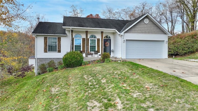 single story home featuring driveway, covered porch, a front yard, a shingled roof, and a garage