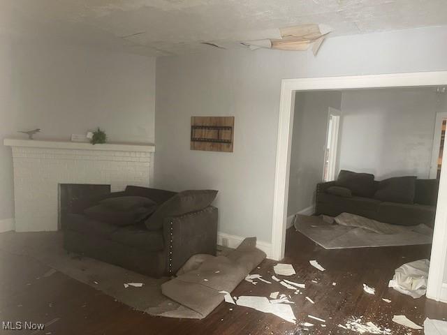 living room featuring a fireplace, baseboards, and wood finished floors