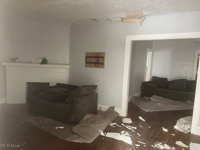 living area with wood finished floors, a fireplace, and baseboards