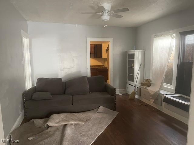 living room with a ceiling fan, wood finished floors, and baseboards