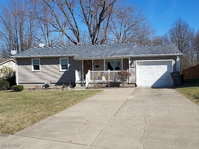 ranch-style house featuring a front lawn, a porch, roof with shingles, driveway, and an attached garage