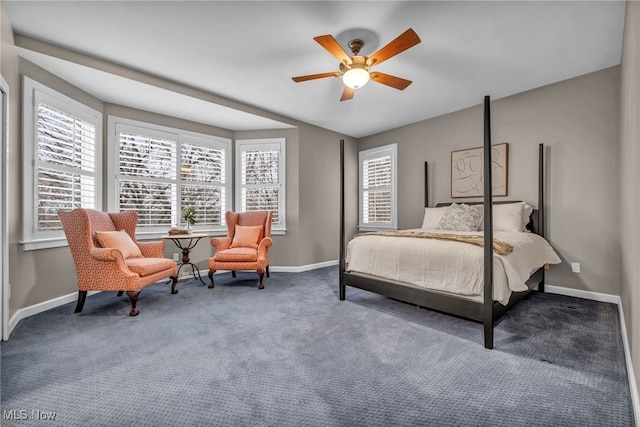 bedroom featuring baseboards, carpet, and a ceiling fan