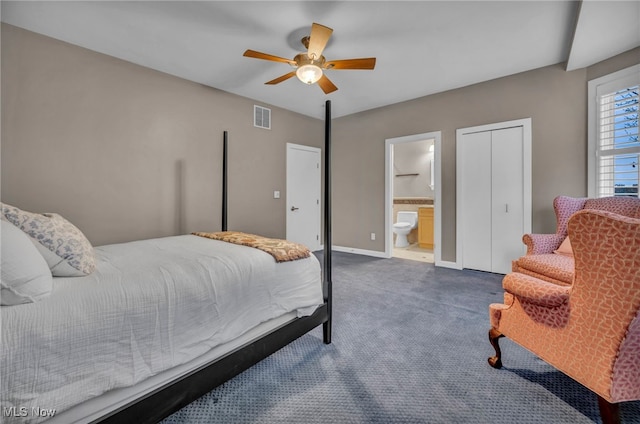 carpeted bedroom featuring ensuite bath, a ceiling fan, visible vents, and baseboards