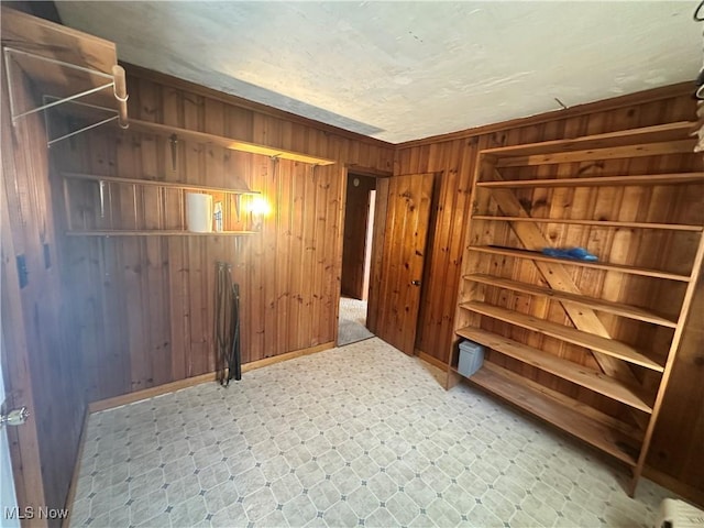 interior space featuring tile patterned floors and wood walls