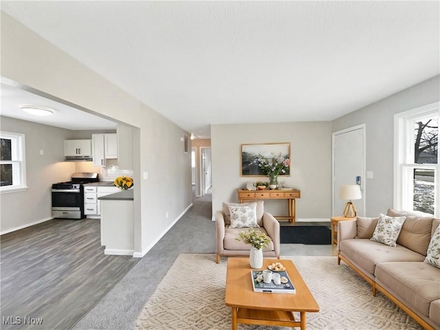 living area featuring baseboards