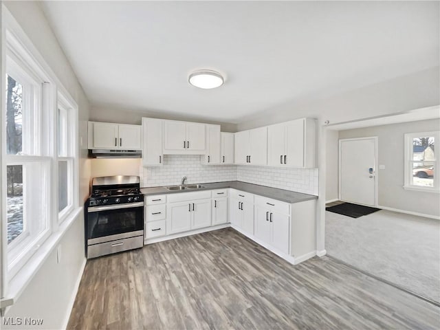 kitchen featuring white cabinets, tasteful backsplash, under cabinet range hood, and stainless steel gas range oven