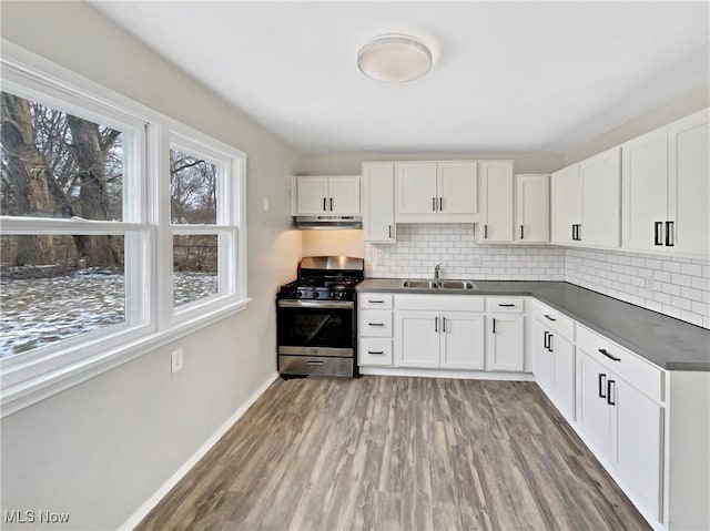 kitchen featuring under cabinet range hood, a sink, tasteful backsplash, dark countertops, and gas stove