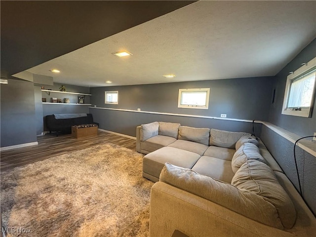 living area featuring a textured ceiling, baseboards, and wood finished floors