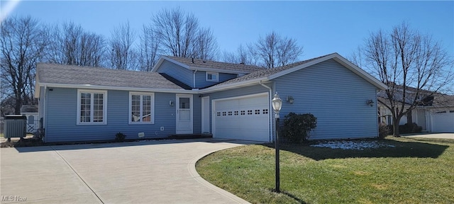 view of front of home with a front yard, an attached garage, central AC unit, and driveway