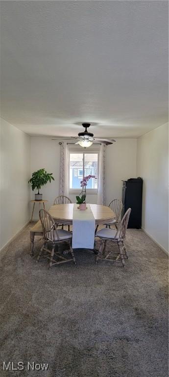 dining area with ceiling fan and carpet floors