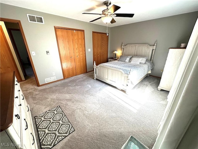 bedroom with baseboards, carpet, visible vents, and multiple closets