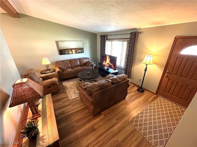 living room with light wood-type flooring, lofted ceiling, a textured ceiling, and baseboards