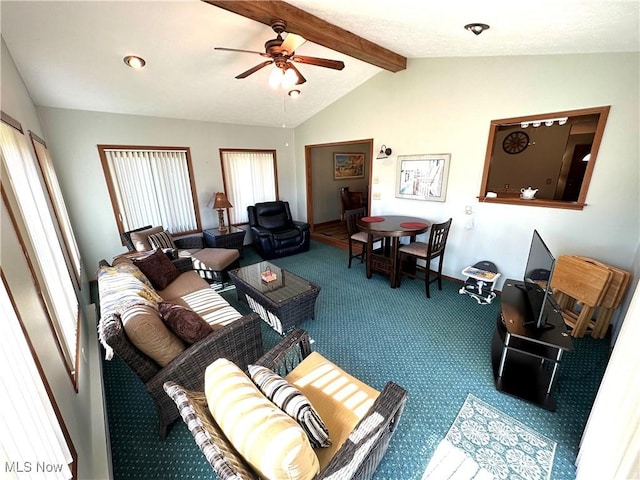 living area featuring carpet flooring, lofted ceiling with beams, and ceiling fan