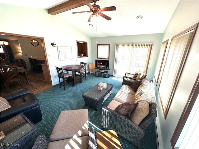 carpeted living room featuring lofted ceiling with beams and a ceiling fan