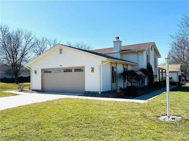 view of front of house featuring a front yard, an attached garage, driveway, and a chimney