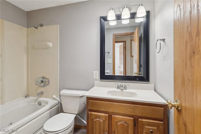 full bathroom featuring shower / washtub combination, toilet, and vanity