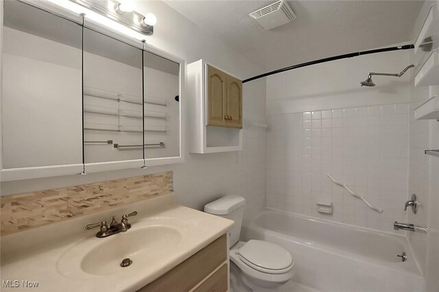 bathroom featuring shower / tub combination, visible vents, toilet, and vanity