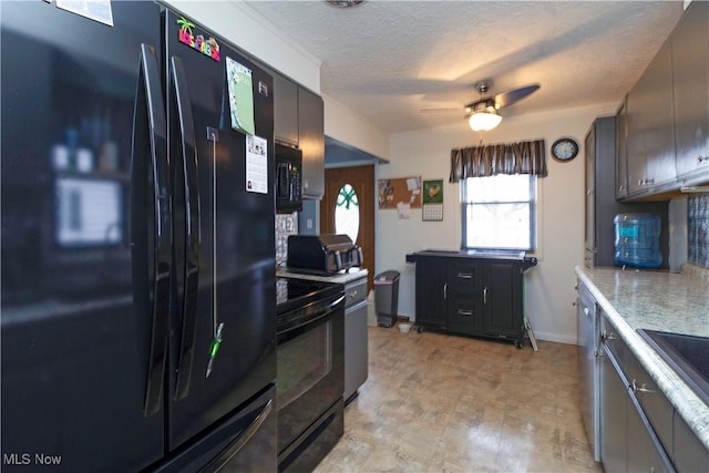 kitchen with a ceiling fan, black appliances, light countertops, a textured ceiling, and tasteful backsplash