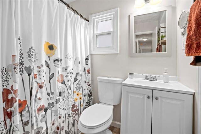 full bathroom featuring toilet, vanity, and a shower with curtain