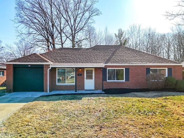 single story home featuring brick siding, roof with shingles, and a front yard