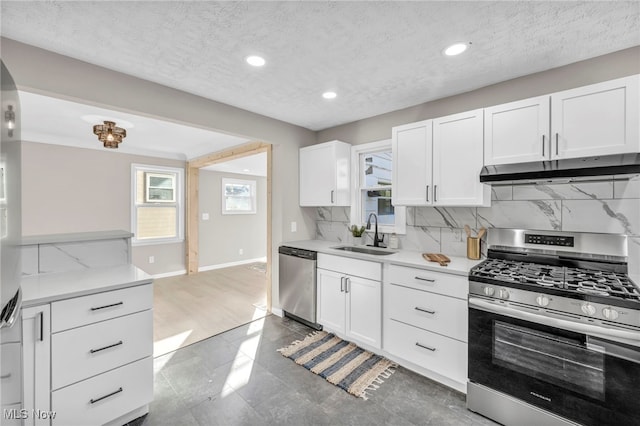 kitchen with a sink, stainless steel appliances, light countertops, under cabinet range hood, and backsplash