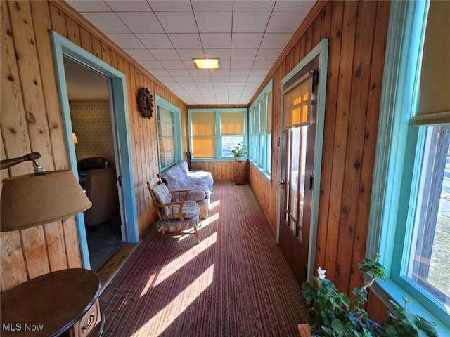 corridor with wood walls and carpet flooring