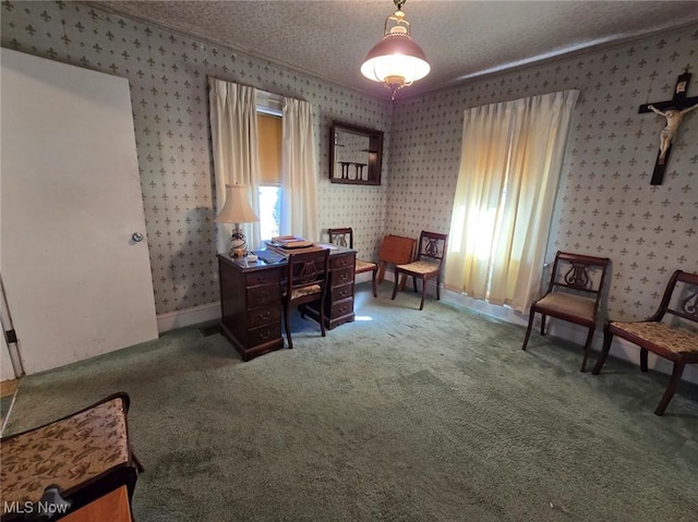 office space with wallpapered walls, ornamental molding, carpet floors, and a textured ceiling