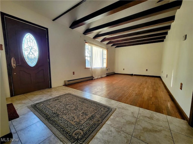 entryway with tile patterned floors, beamed ceiling, baseboards, and a baseboard radiator