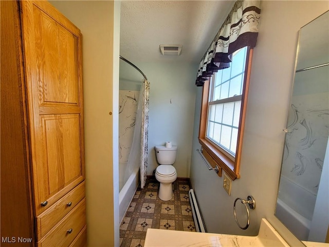 full bathroom with tile patterned floors, visible vents, toilet, shower / bath combination with curtain, and a baseboard radiator