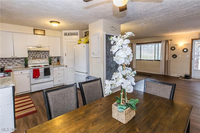 dining room with dark wood-type flooring, a ceiling fan, baseboards, and a textured ceiling