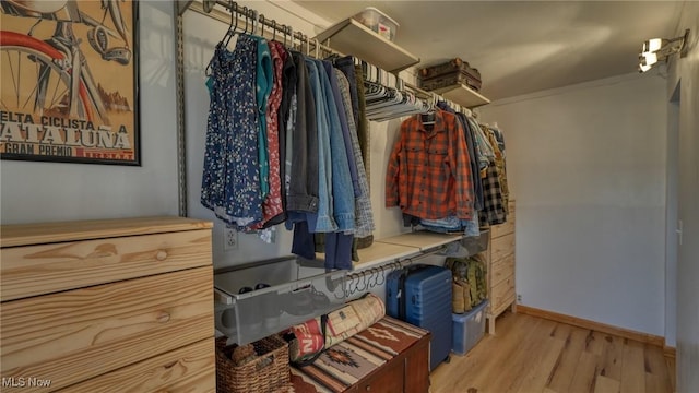 walk in closet with light wood-style floors