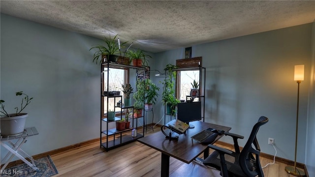 office with baseboards, a textured ceiling, and light wood finished floors