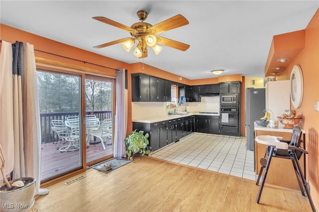 kitchen with light wood-type flooring, a sink, light countertops, appliances with stainless steel finishes, and dark cabinets