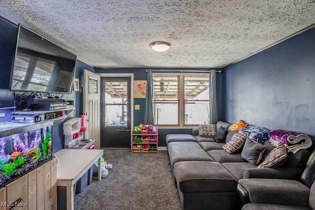 carpeted living room featuring a healthy amount of sunlight and a textured ceiling