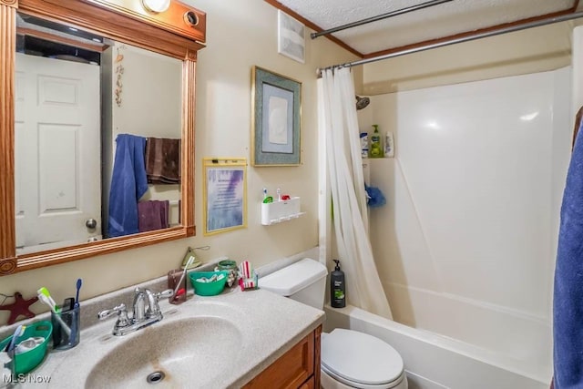 bathroom featuring visible vents, shower / bath combination with curtain, toilet, and vanity