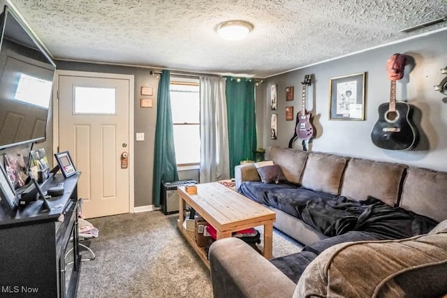 carpeted living area with a textured ceiling