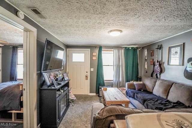 living room with a textured ceiling, carpet, visible vents, and ornamental molding